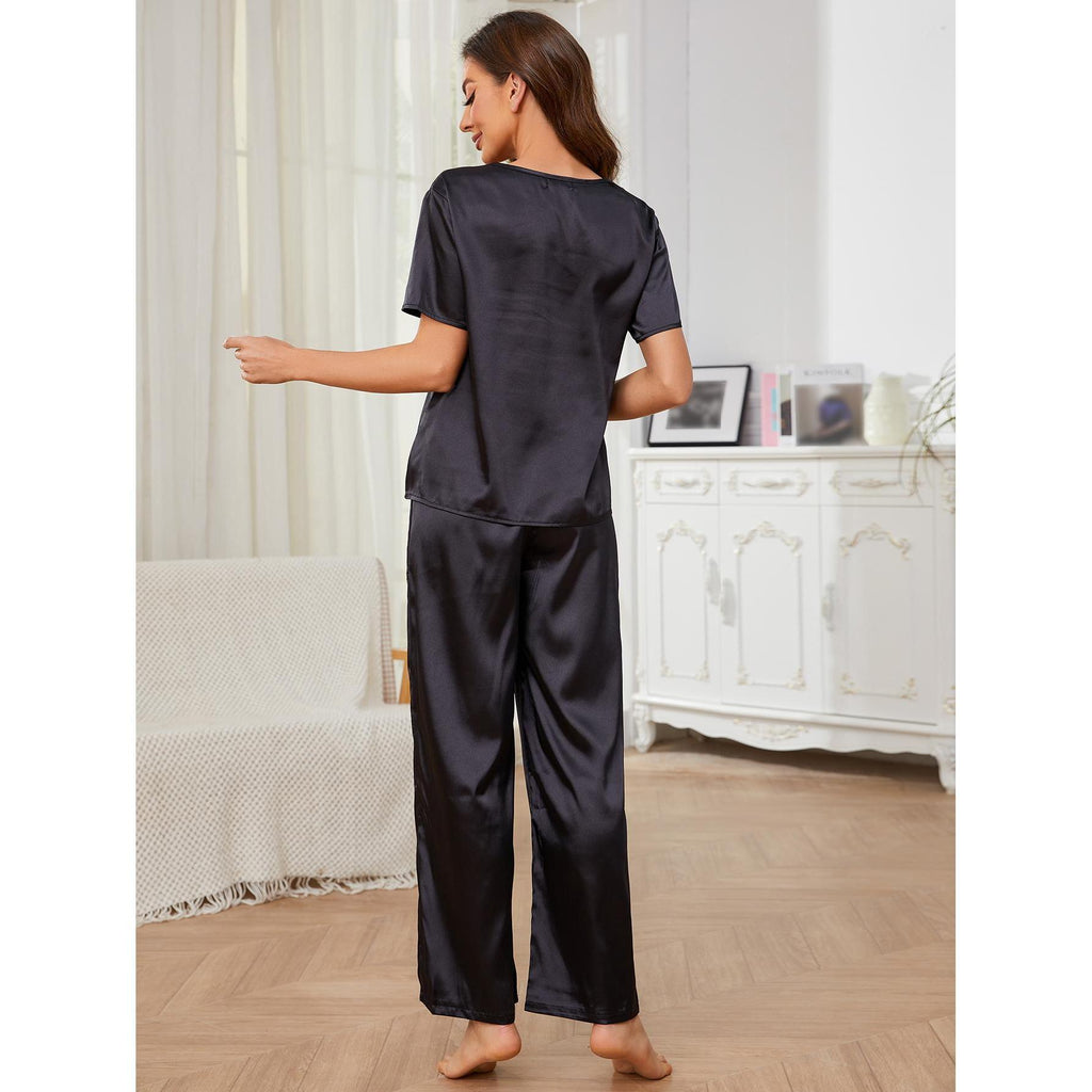 Women Spring Autumn Casual V neck Short Sleeved Trousers Home Wear Set