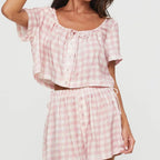 Women's Summer Short Sleeve Pink Plaid Bow Lace Up Top Shorts Sweet