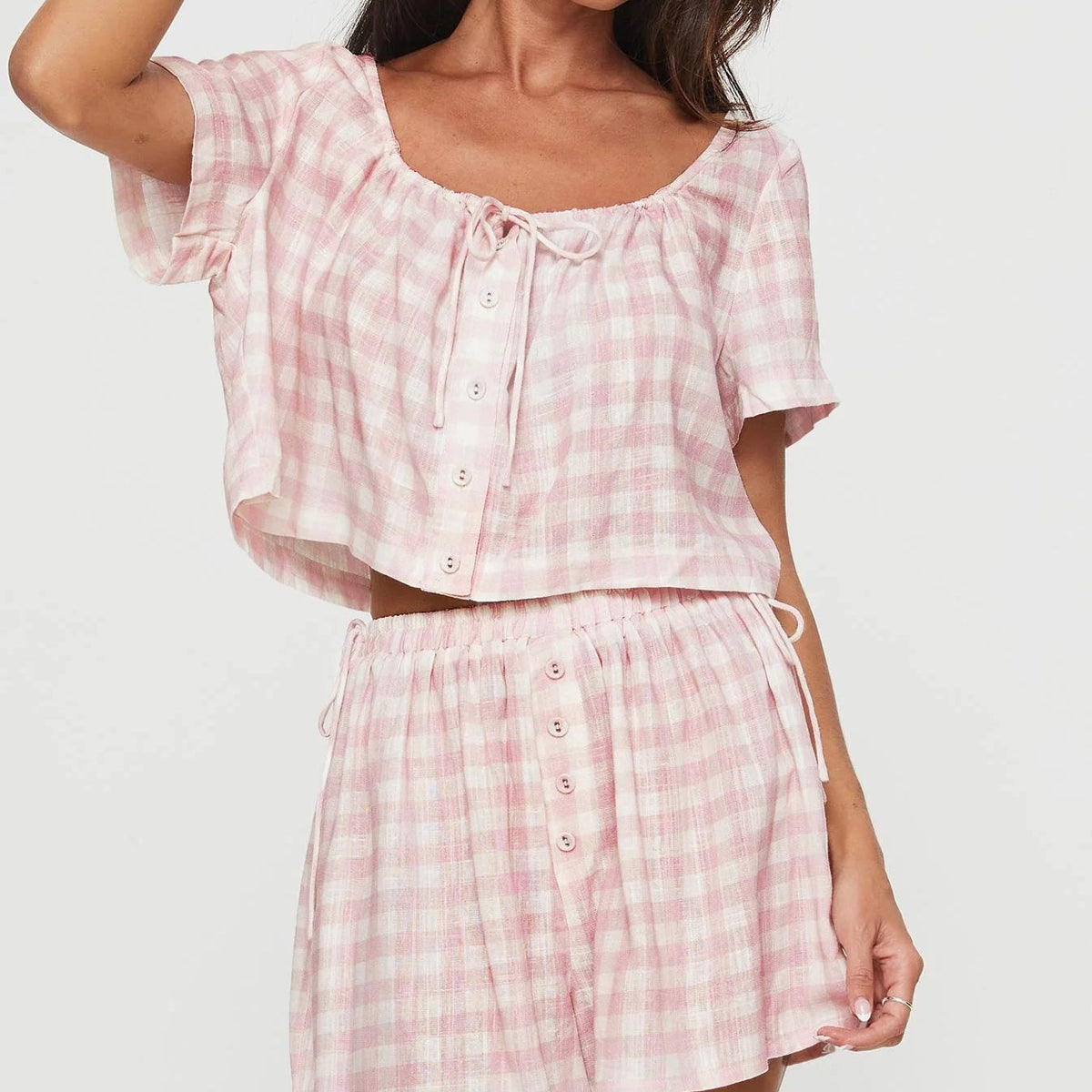 Women's Summer Short Sleeve Pink Plaid Bow Lace Up Top Shorts Sweet