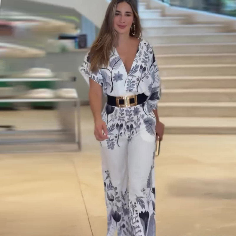 Waist Controlled Straight Printing Jumpsuit