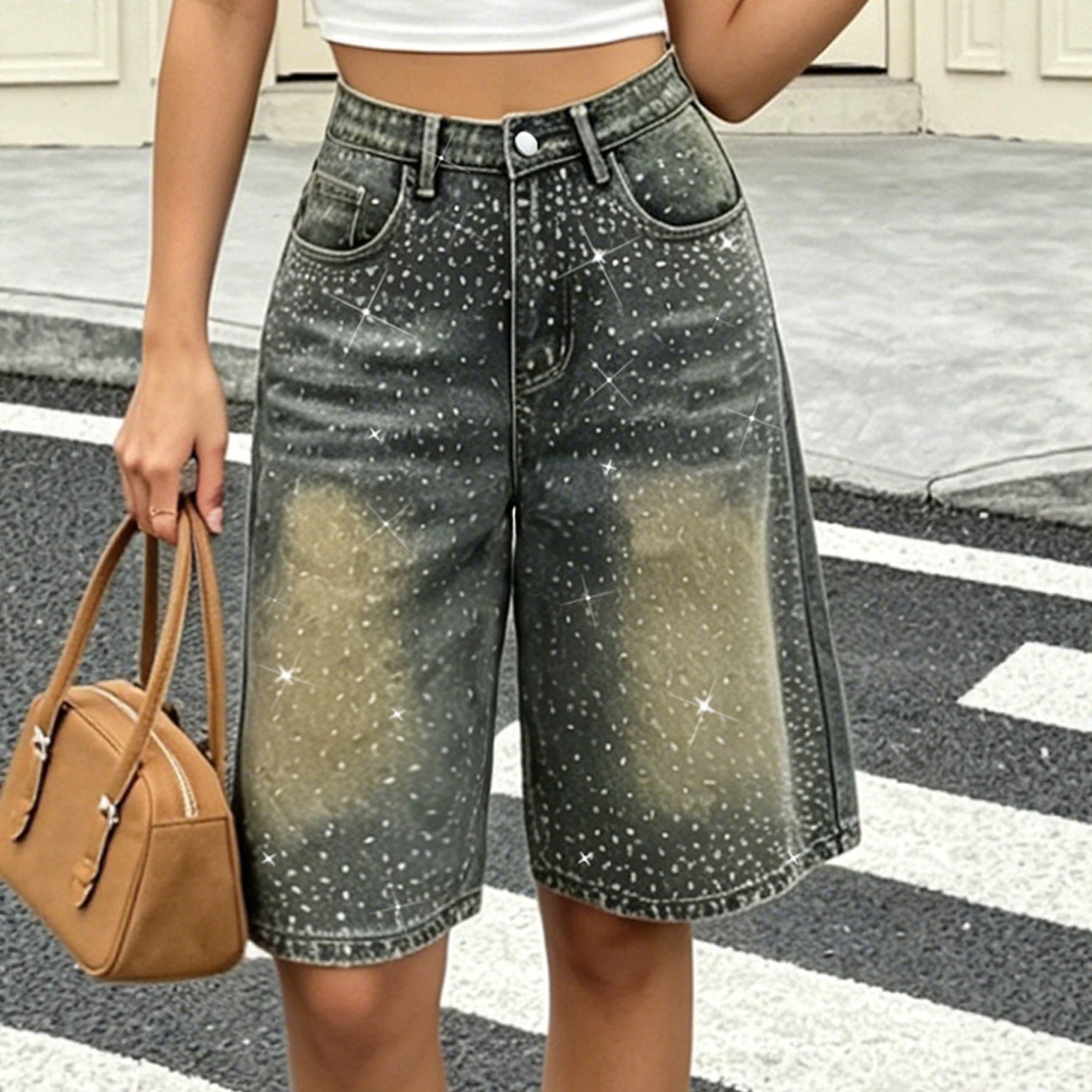 Women's Rhinestone Knee-Length Denim Shorts