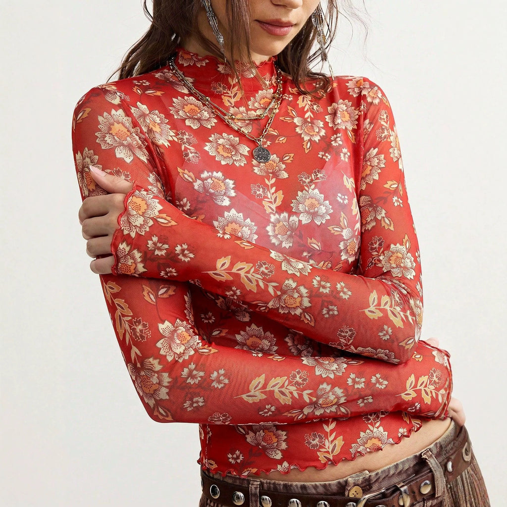 Autumn Retro Floral Printed Mesh Top Slim Fit Long Sleeved T shirt Women