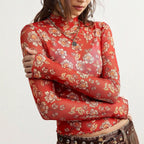 Autumn Retro Floral Printed Mesh Top Slim Fit Long Sleeved T shirt Women