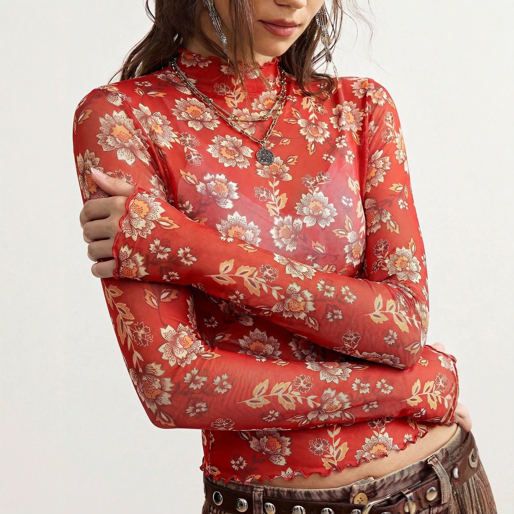 Autumn Retro Floral Printed Mesh Top Slim Fit Long Sleeved T shirt Women