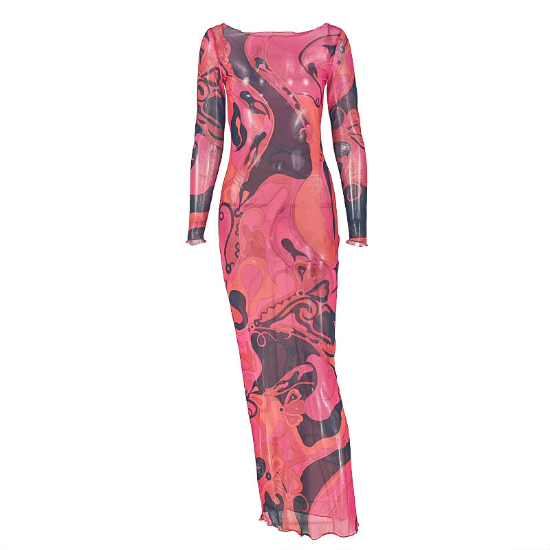 Printing Color Matching Party Hip off Neck Sleeveless Dress
