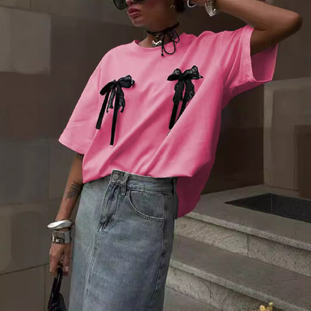 Bowknot Stitching Loose Casual Short Sleeve Round Neck Lazy Casual Summer T Shirt Women
