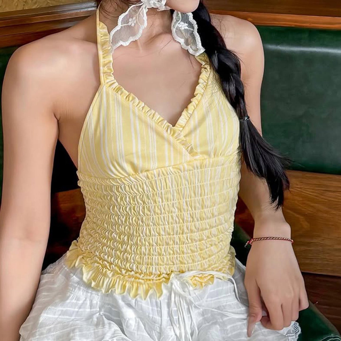 Striped Pleated Smocked Halter Vest