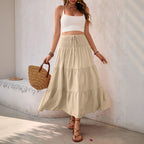 Women's Casual Elastic Waistband Solid Color Wide Hem Skirt