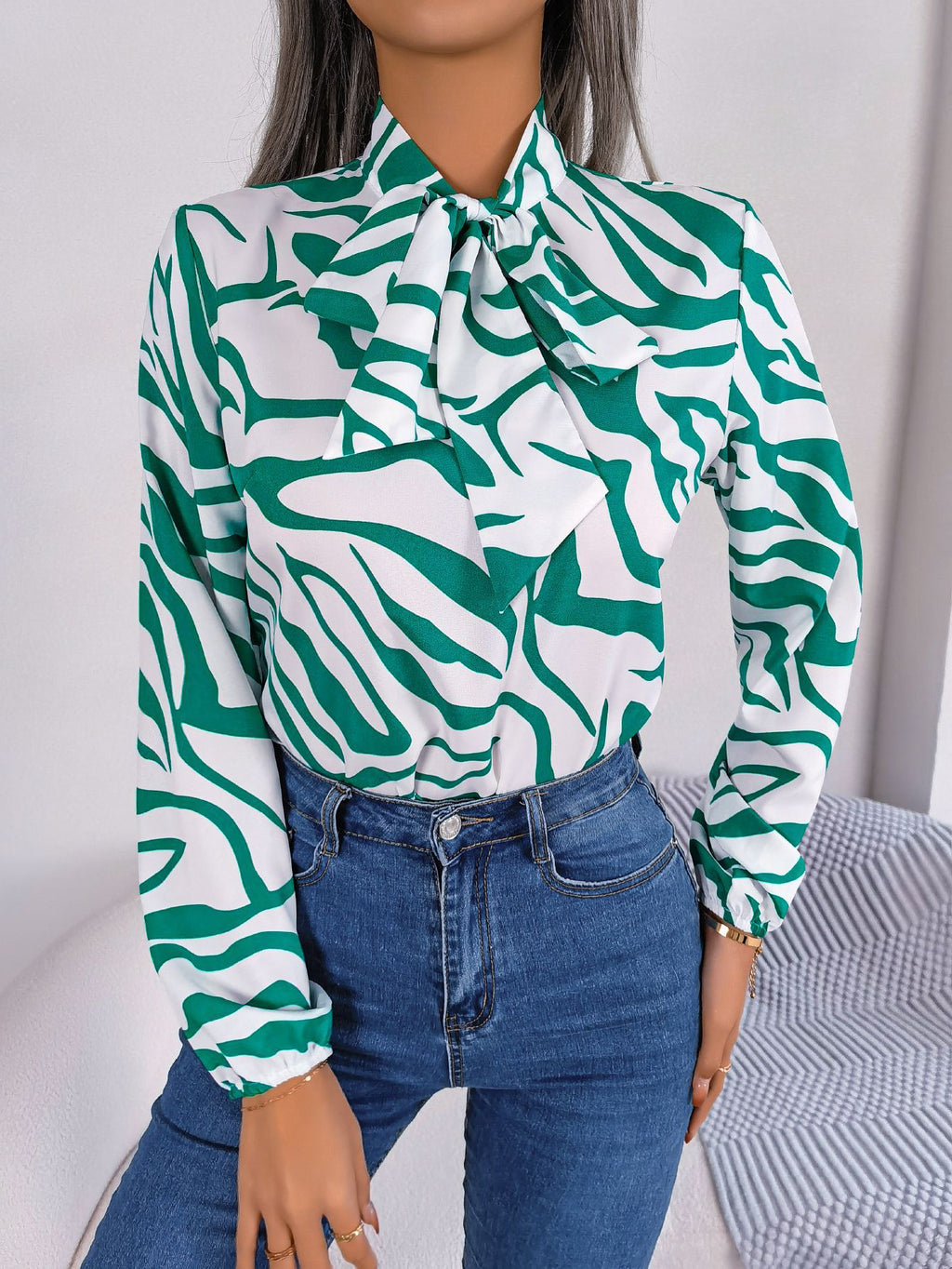 Women's Autumn Winter Contrast Color Striped Lace Up Lantern Sleeve Chiffon Shirt Top Women Clothing