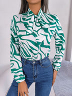 Women's Autumn Winter Contrast Color Striped Lace Up Lantern Sleeve Chiffon Shirt Top Women Clothing
