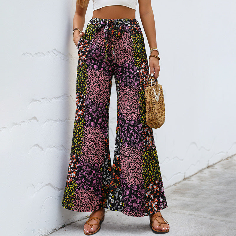 Lace Printing High Waist Wide Leg Pants