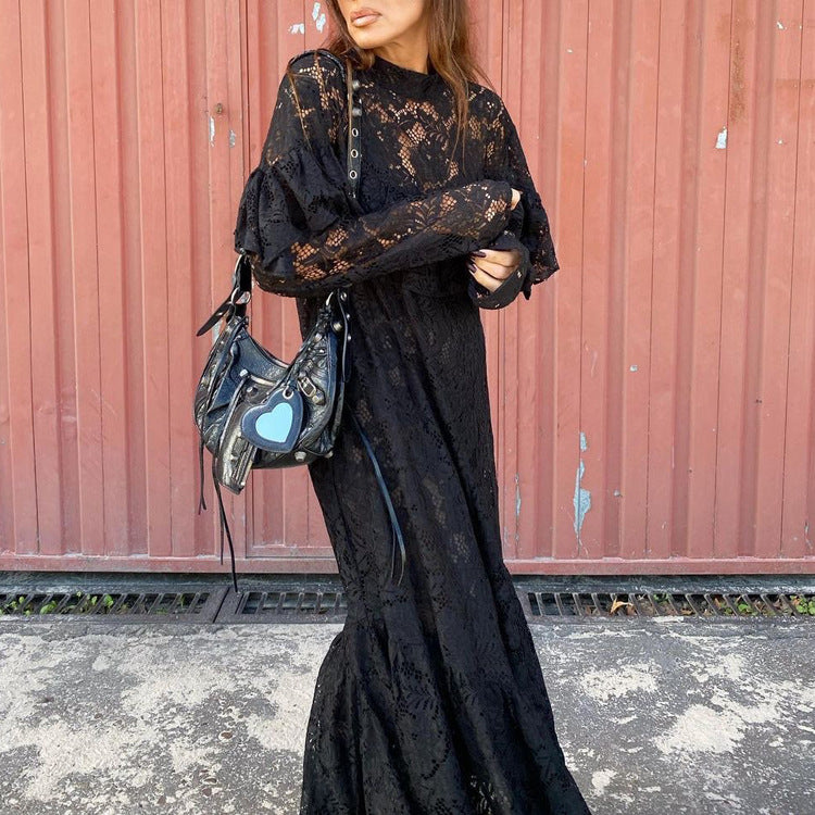 Sheer Lace Long Sleeve A-Line Maxi Dress