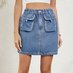 Women's Spring Summer Washed Elastic Waist Denim Skirt