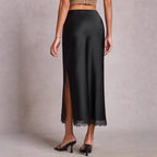 Satin Lace Split High Waist Elastic Sheath Skirt