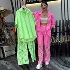 Long Sleeve Shirt Stitching Lace Two Piece Set Pants Set