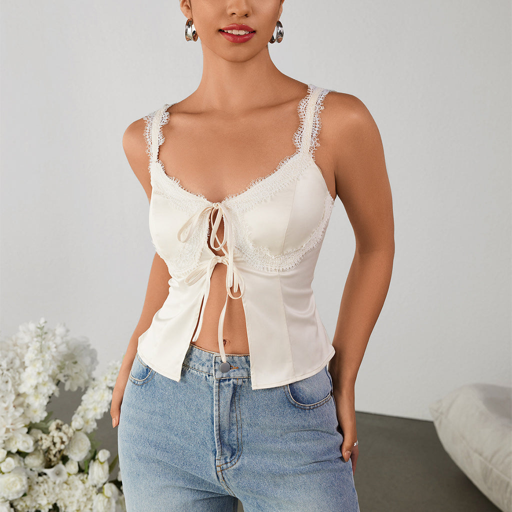 's Matte High Elastic Stitching Lace Hollow Out Cutout Small Top