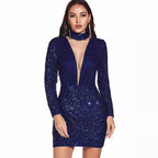 Sequin Lace High-Collar Long-Sleeve Ruched Bodycon Mini Dress