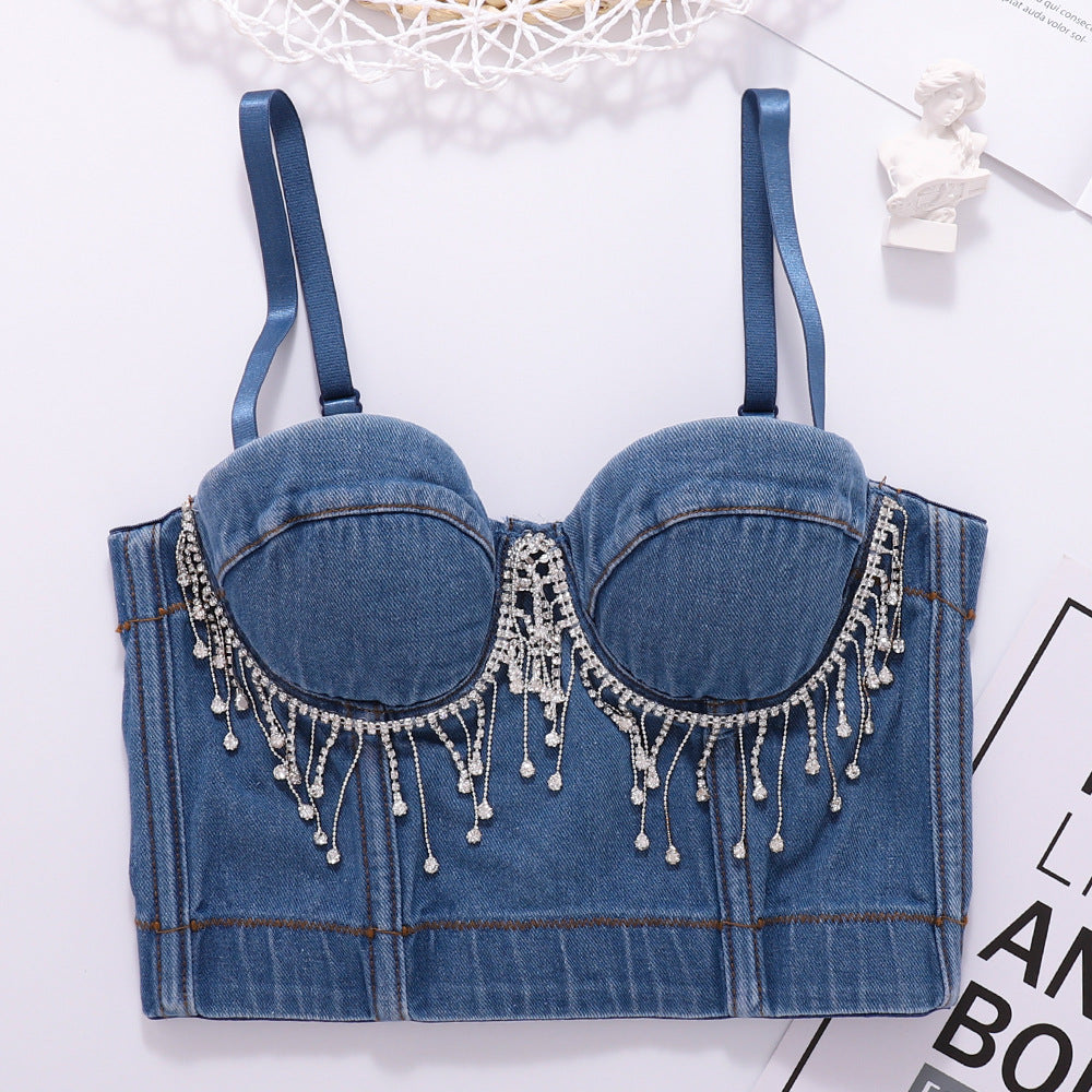 's Denim Spaghetti Straps Outerwear Boning Corset Tube Top