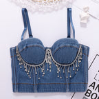 's Denim Spaghetti Straps Outerwear Boning Corset Tube Top