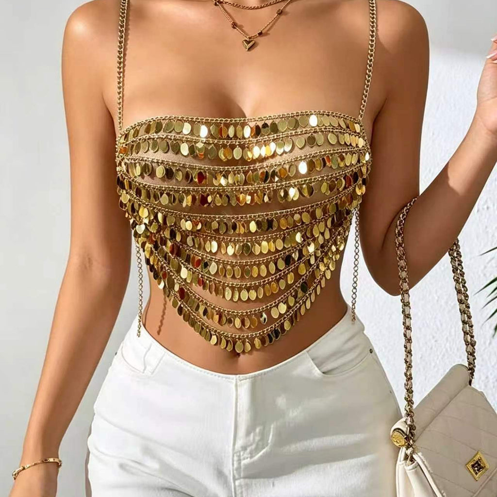 Vest Handmade Sequined Wafer Metal Chain Stitching Tassel Chain Embellished Small Vest Women Body Cha