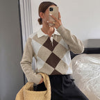 Women's Diamond Pattern Collared Knit Sweater