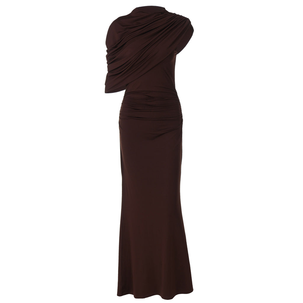 Women's Women Clothing Summer Oblique Shoulder Design Skinny Sheath Pleated Irregular Asymmetric Dress