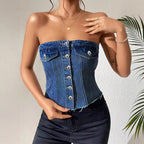 's Bra Back Denim Tube Top Strapless Short Strap Small Tank Top