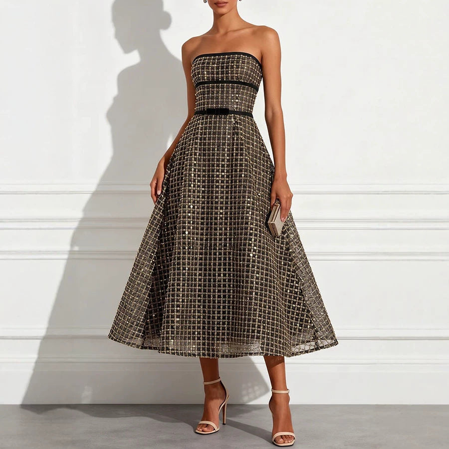 Women's Strapless Ruched Sequin Midi Dress