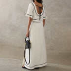 Elegant Women Black White Contrast Color Skirt Set round Neck Short Lace up Top Half Length Skirt Two Piece Set