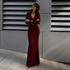 V-Neck Long-Sleeve Split Bodycon Maxi Dress