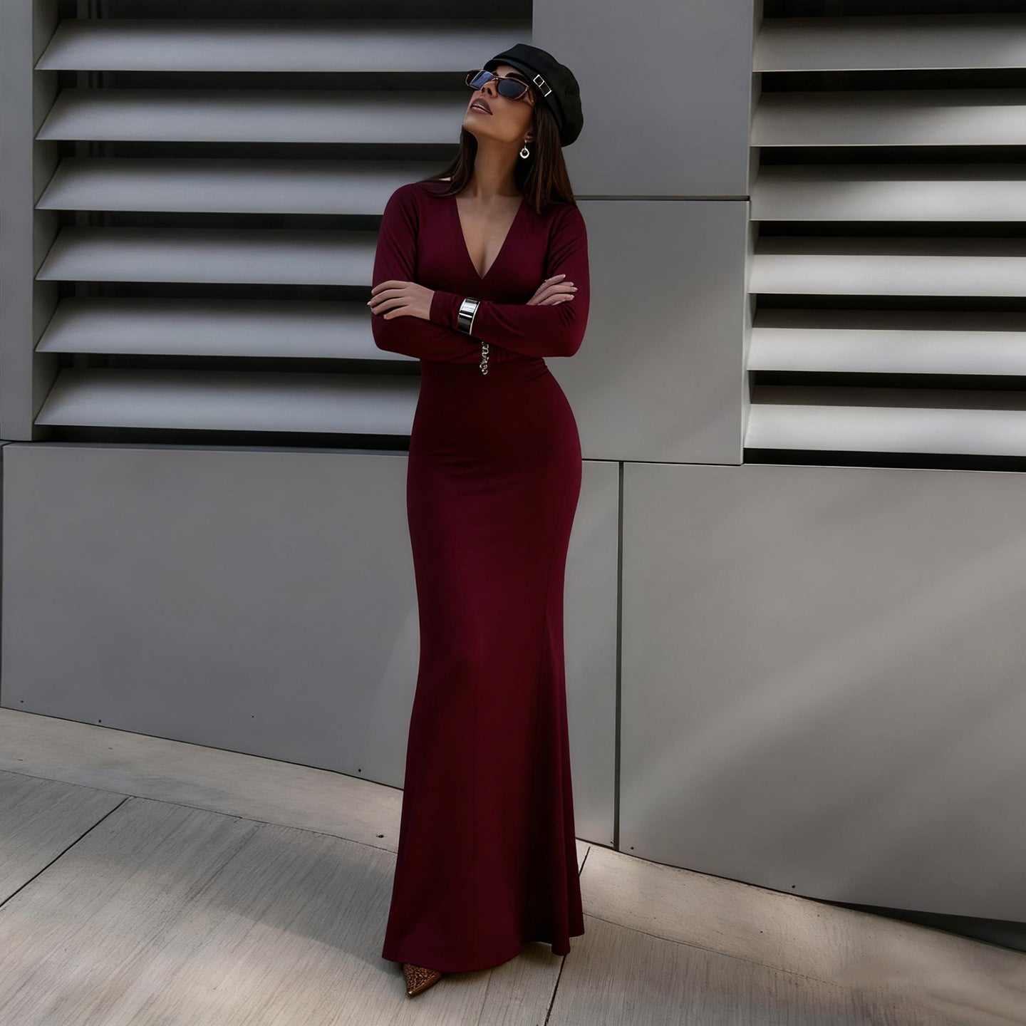 V-Neck Long-Sleeve Split Bodycon Maxi Dress