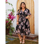 Plus Size V-Neck Summer Floating Sleeve Tight Waist Floral Dress
