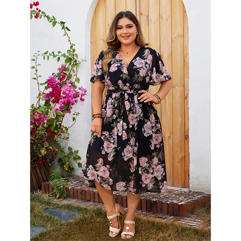 Plus Size V-Neck Summer Floating Sleeve Tight Waist Floral Dress