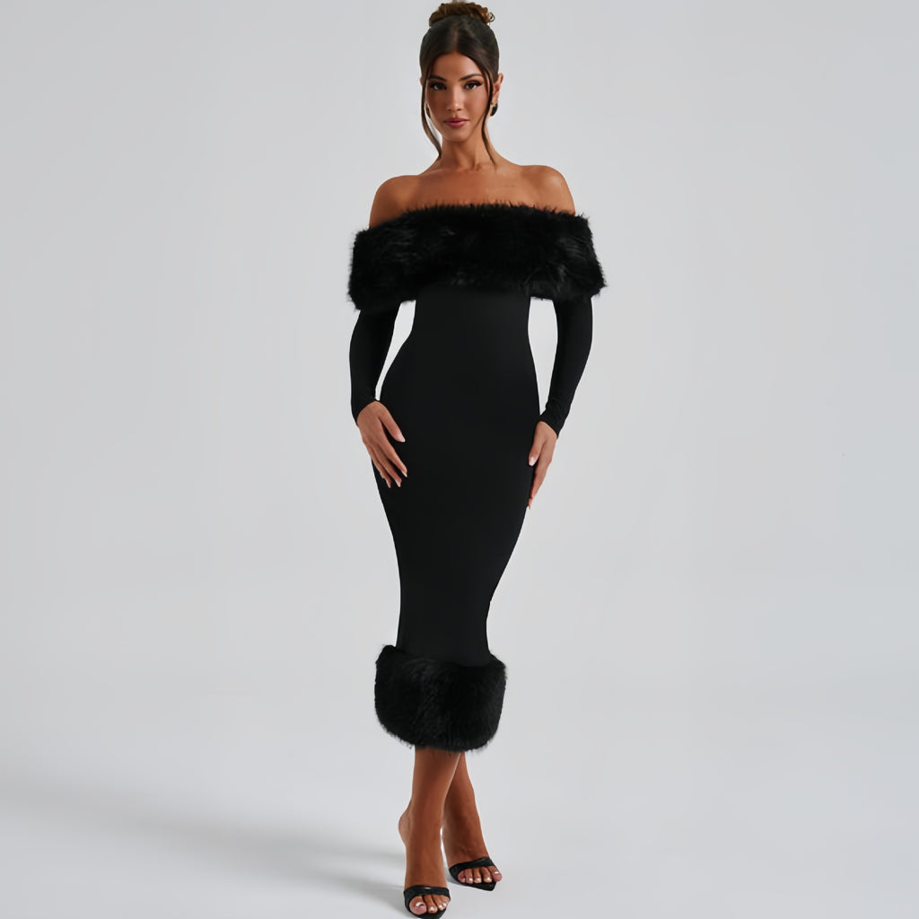 Autumn Winter Fur Collar Off-Neck Long Sleeve Slim Fit Evening Dre