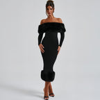 Autumn Winter Fur Collar Off-Neck Long Sleeve Slim Fit Evening Dre