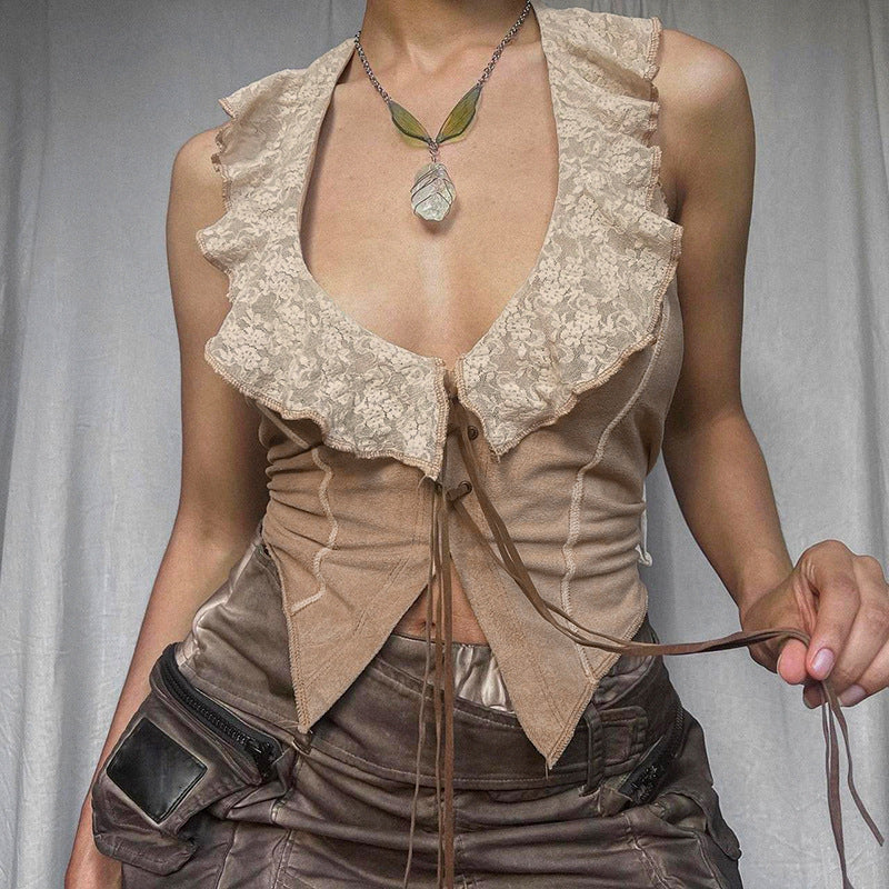 Women's Retro Lace Lace Collar Halter Lace Up Irregular Asymmetric Hem Cardigan Slim Fit Sexy Vest Women Clothing