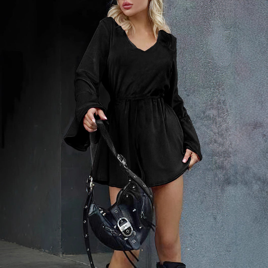 V-Neck Waist Tight Velvet Dress