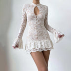 Sexy Hollow Out Cutout out Knitted Long Sleeved Dress Autumn Stand Collar Lace Slim Fit Elegant Women Dress