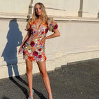 Floral Embroidered V-Neck Bodycon Mini Dress