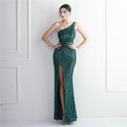 Women's Sequin One-Shoulder Cold Cocktail Split Long Sequin Atmosphere Queen Dress