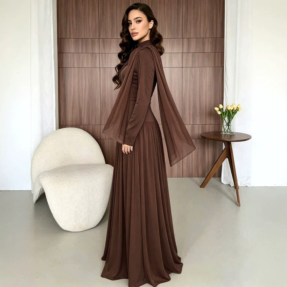 Women's Autumn Solid Color Elegant Satin Ruffled Formal Dinner Long