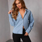 Women's Shirt Denim Blue Decorative Diamond