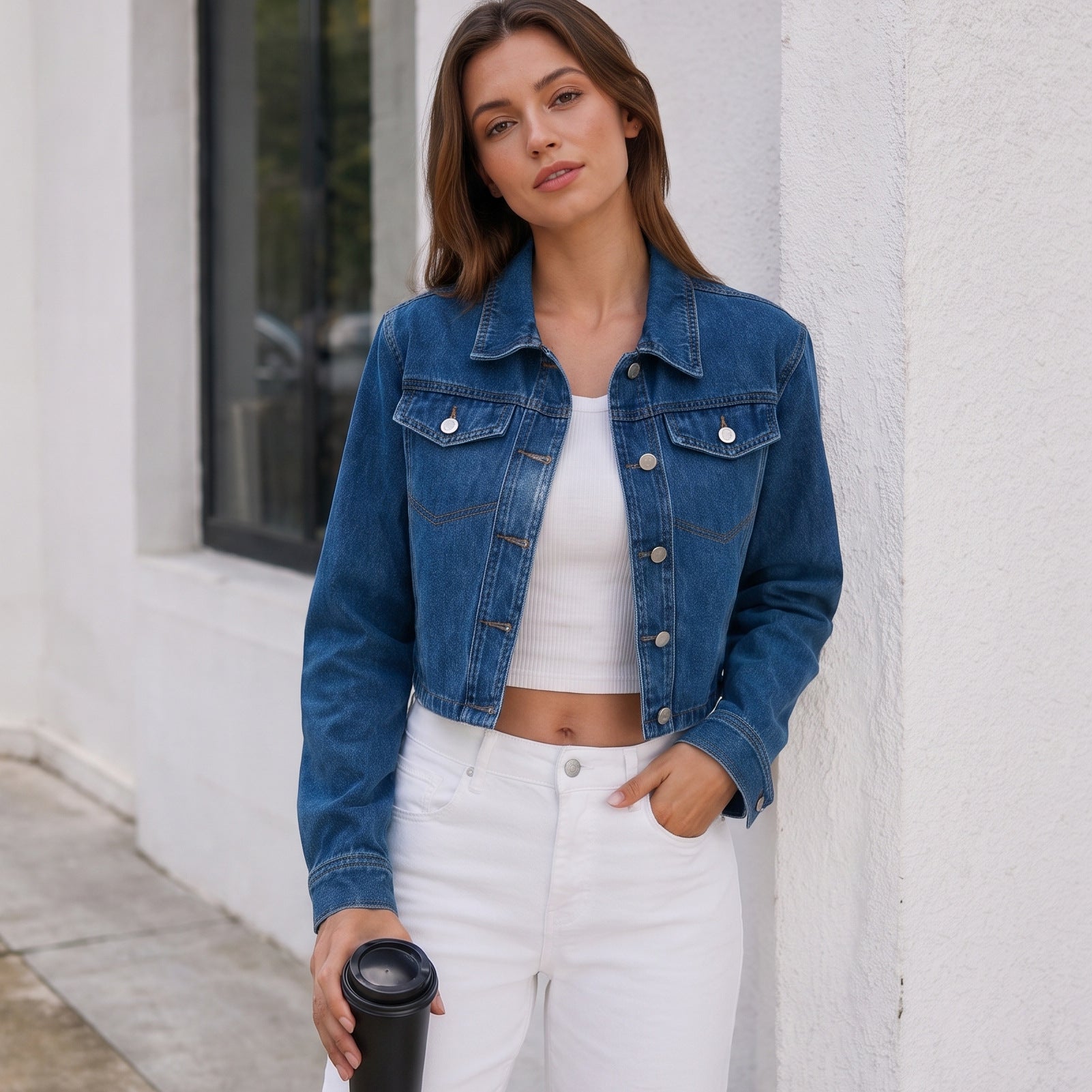 Collared Double Flap Chest Bag Metal Breasted Long Sleeve