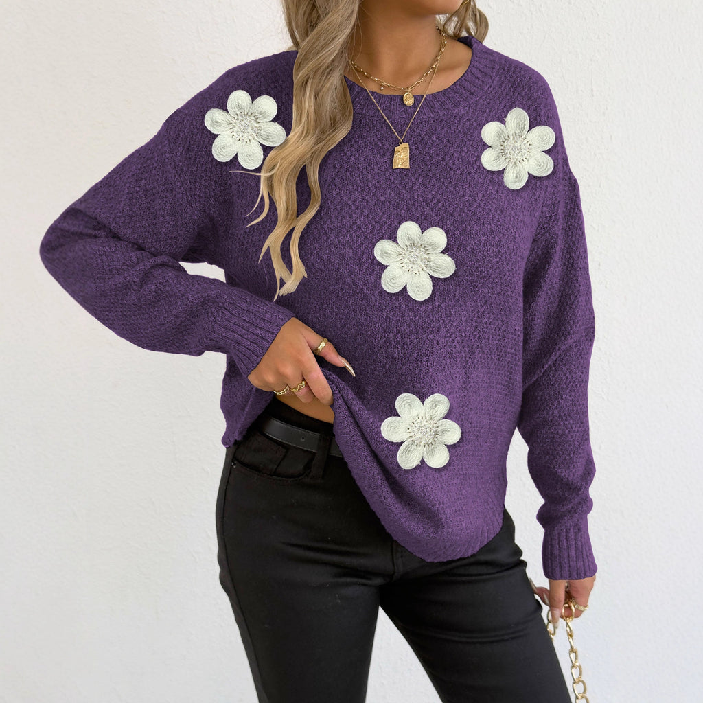 Women Knitted Coat Women Clothing Embroidery Beads Three Dimensional Floral Patchwork round Neck Pullover Woven Sweater