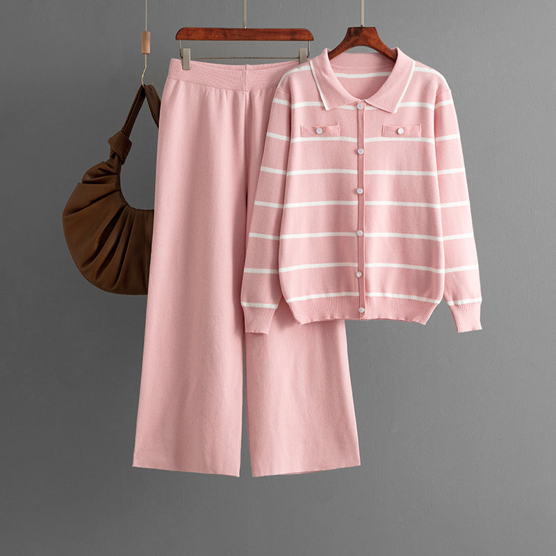 Polo Collar Striped Knitted Single Breasted Sweater Casual Wide Leg Pants Two-Piece Set
