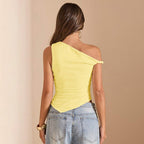 Women's Fresh Vitality One Shoulder Irregular Asymmetric Cutting Design With Pleated Details Fit Top