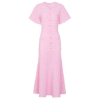 Pink maxi silk dress with short sleeves, fitted button placket, and flared textured skirt.