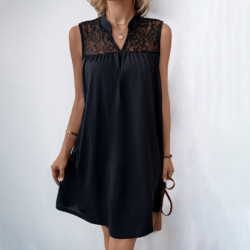 Women's Summer Sleeveless Loose Solid Color Lace Trim Dress