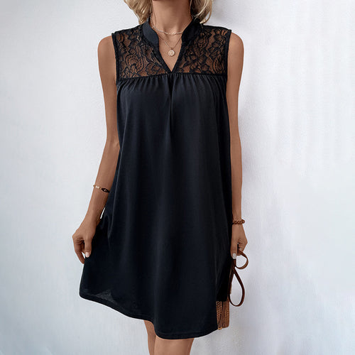 Women's Women Summer Sleeveless Loose Solid Color Lace Stitching Dress