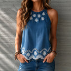 Pattern Summer Sleeveless round Neck Printed Imitation Denim